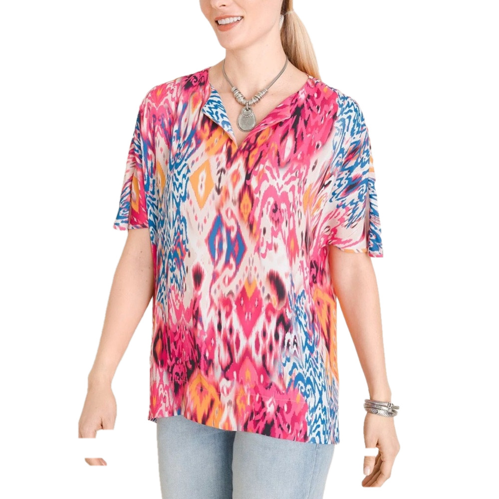 Chico's Vibrant Pink and Blue Top S-2 GUC I kat print split neck…